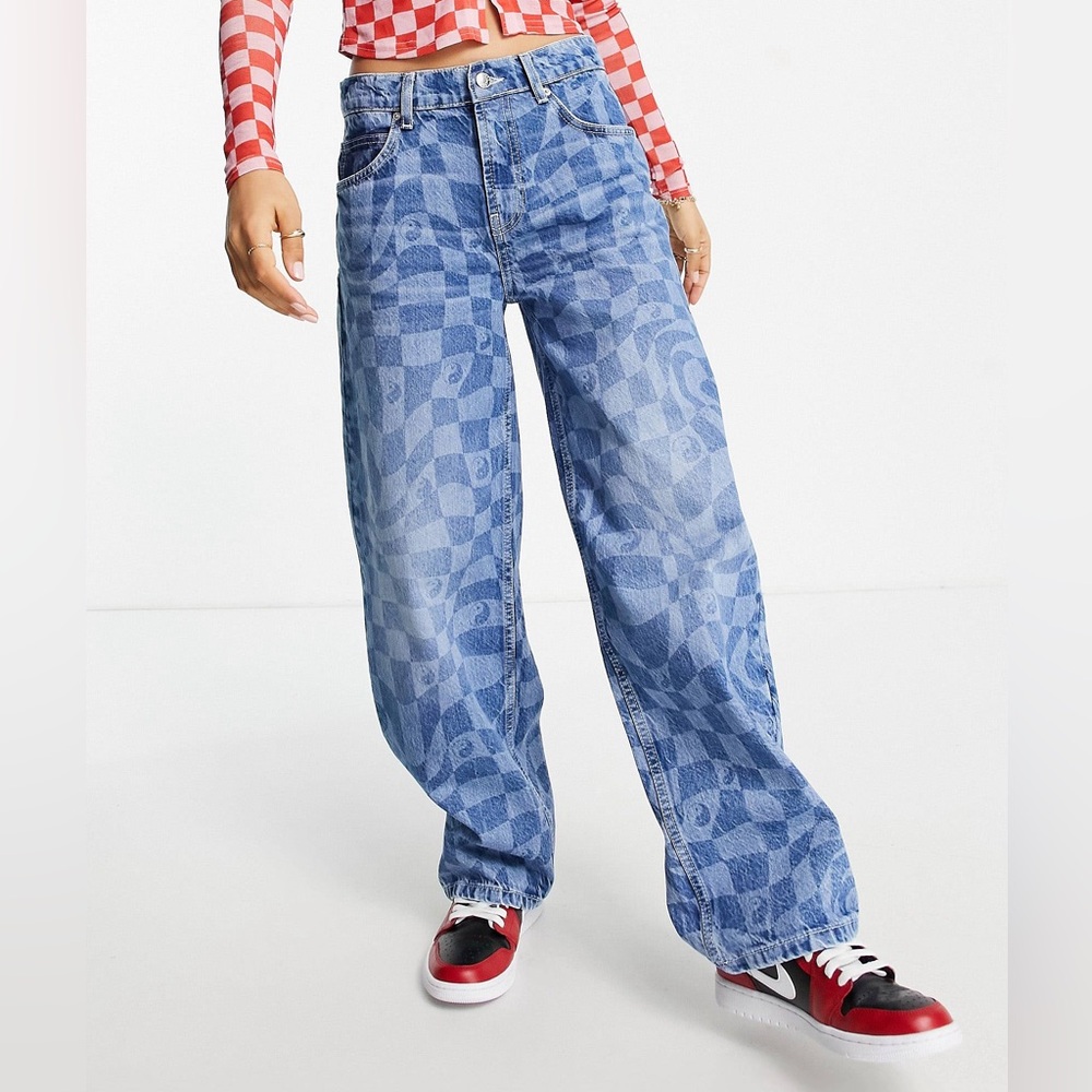 ASOS DESIGN Petite cotton blend mid rise oversized 'skater' jeans in psycadelic